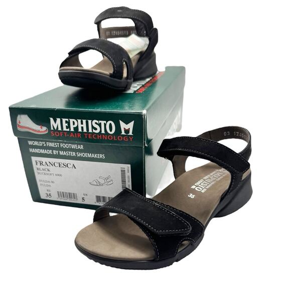 NWB Mephisto Francesca Black Bucksoft Fulda Strappy Sandals US 5 Euro 35 - Picture 1 of 12